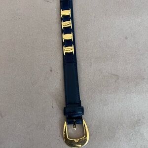 Vintage Salvatore Ferragamo Women’s Navy Blue Leather Belt Gold Hardware 75 Cms
